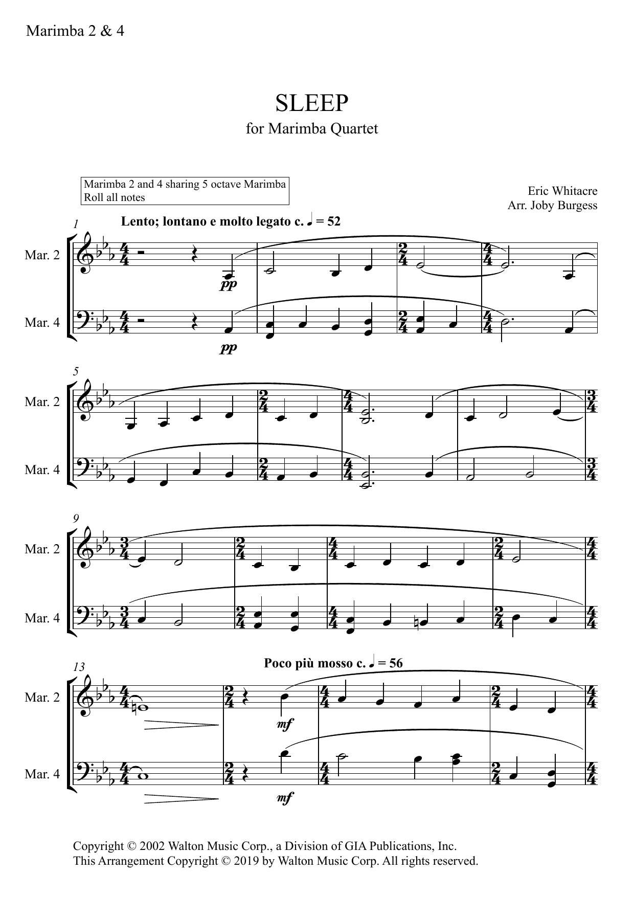 Sleep for Marimba Quartet (arr. Joby Burgess) – MARIMBA 2 & 4 Sleep for Marimba Quartet (arr. Joby Burgess) – MARIMBA 2 & 4
