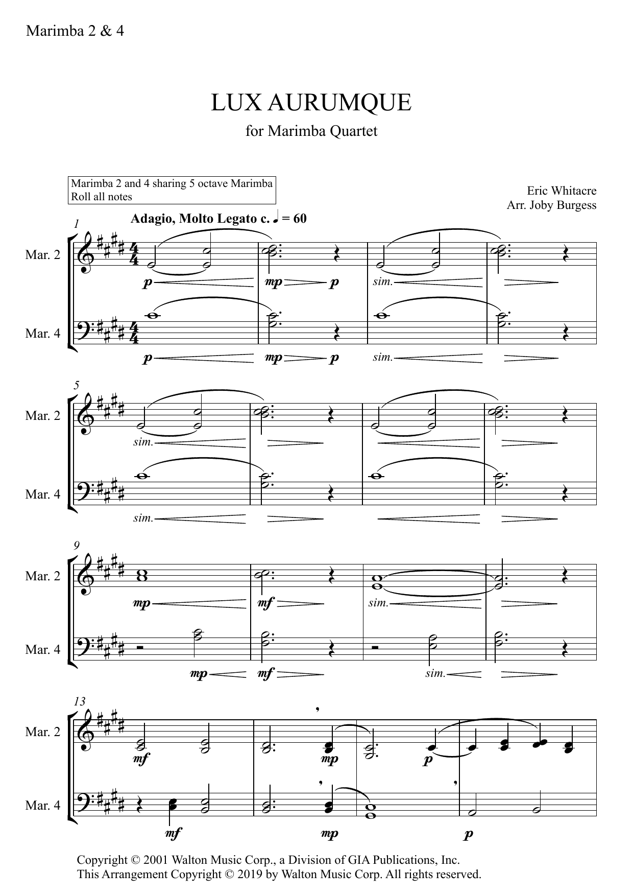Lux Aurumque for Marimba Quartet (arr. Joby Burgess) – MARIMBA 2 & 4 Lux Aurumque for Marimba Quartet (arr. Joby Burgess) – MARIMBA 2 & 4