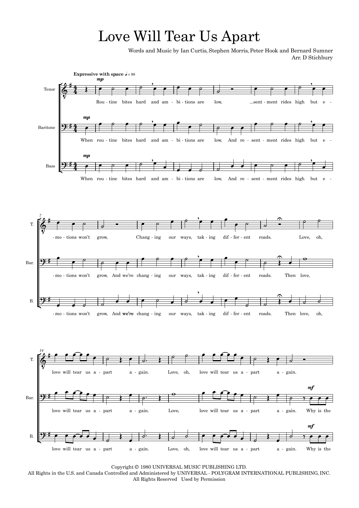 Love Will Tear Us Apart (arr. Dom Stichbury) Love Will Tear Us Apart (arr. Dom Stichbury)