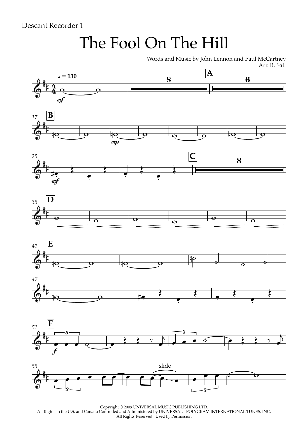 The Fool on the Hill (SAATB) (arr. Richard Salt) – Descant Recorder 1 The Fool on the Hill (SAATB) (arr. Richard Salt) – Descant Recorder 1