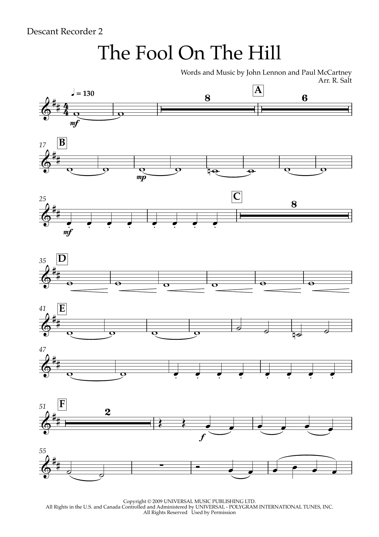 The Fool on the Hill (SAATB) (arr. Richard Salt) – Descant Recorder 2 The Fool on the Hill (SAATB) (arr. Richard Salt) – Descant Recorder 2