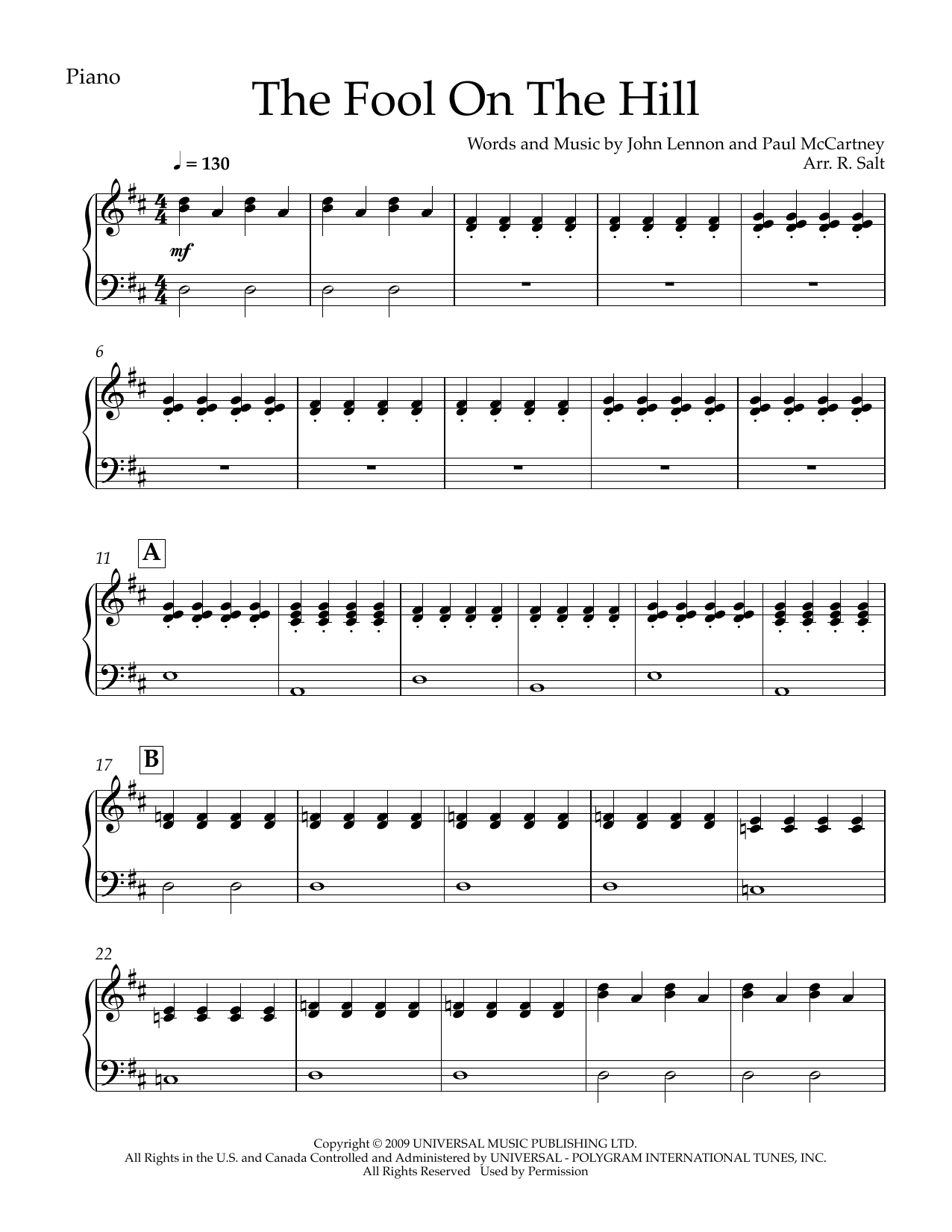 The Fool on the Hill (SAATB) (arr. Richard Salt) – Piano The Fool on the Hill (SAATB) (arr. Richard Salt) – Piano