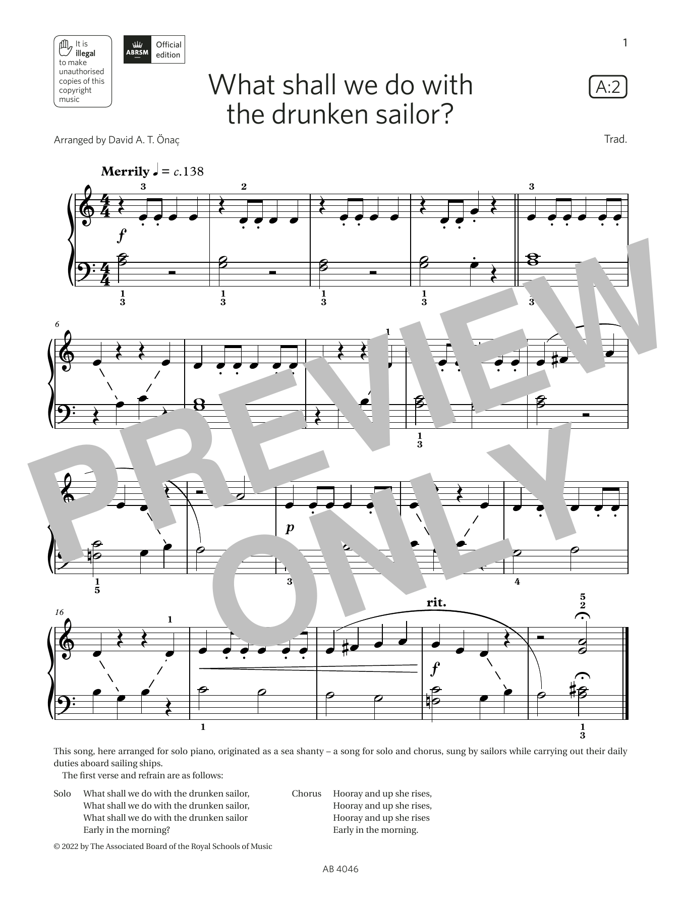 What shall we do with the drunken sailor? (Grade Initial, list A2, ABRSM Piano Syllabus 2023 & 2024) What shall we do with the drunken sailor? (Grade Initial, list A2, ABRSM Piano Syllabus 2023 & 2024)