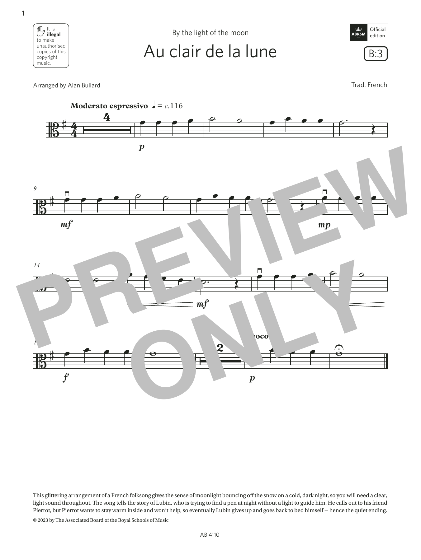 Au clair de la lune (Grade Initial, B3, from the ABRSM Viola Syllabus from 2024) Au clair de la lune (Grade Initial, B3, from the ABRSM Viola Syllabus from 2024)