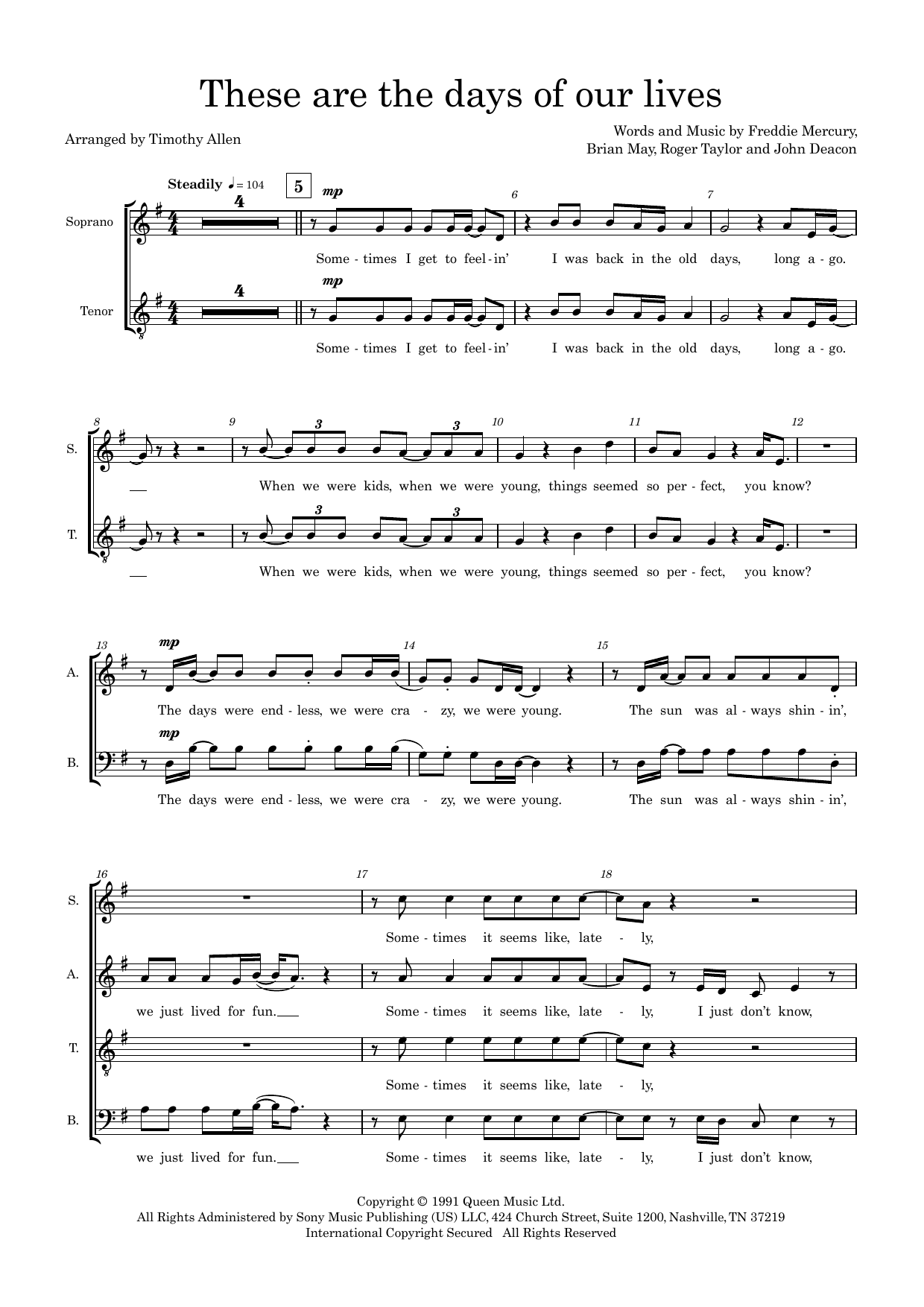 These Are The Days Of Our Lives (arr. Tim Allen) – Choral Score These Are The Days Of Our Lives (arr. Tim Allen) – Choral Score