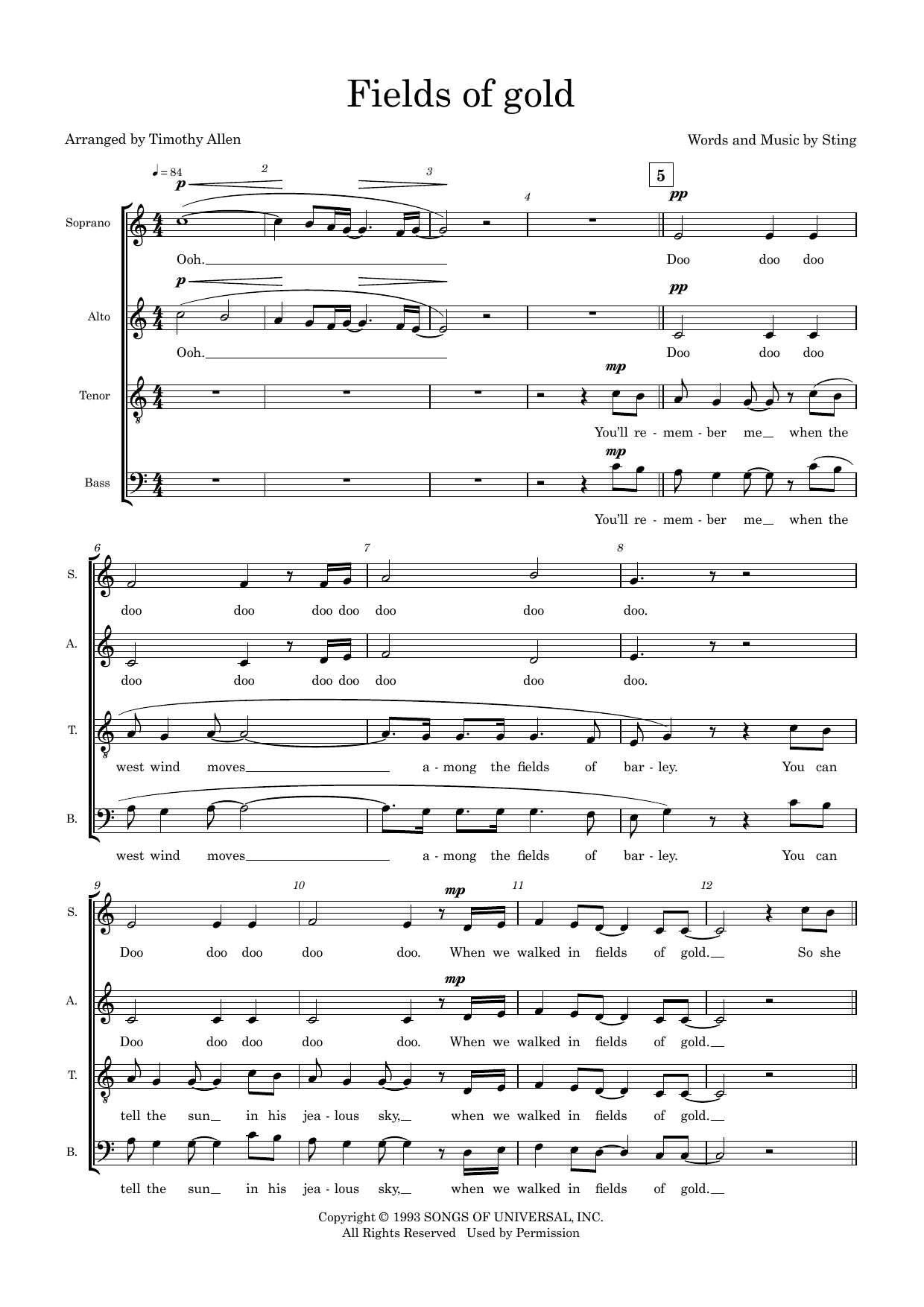 Fields of Gold (arr. Tim Allen) – Choral Score Fields of Gold (arr. Tim Allen) – Choral Score