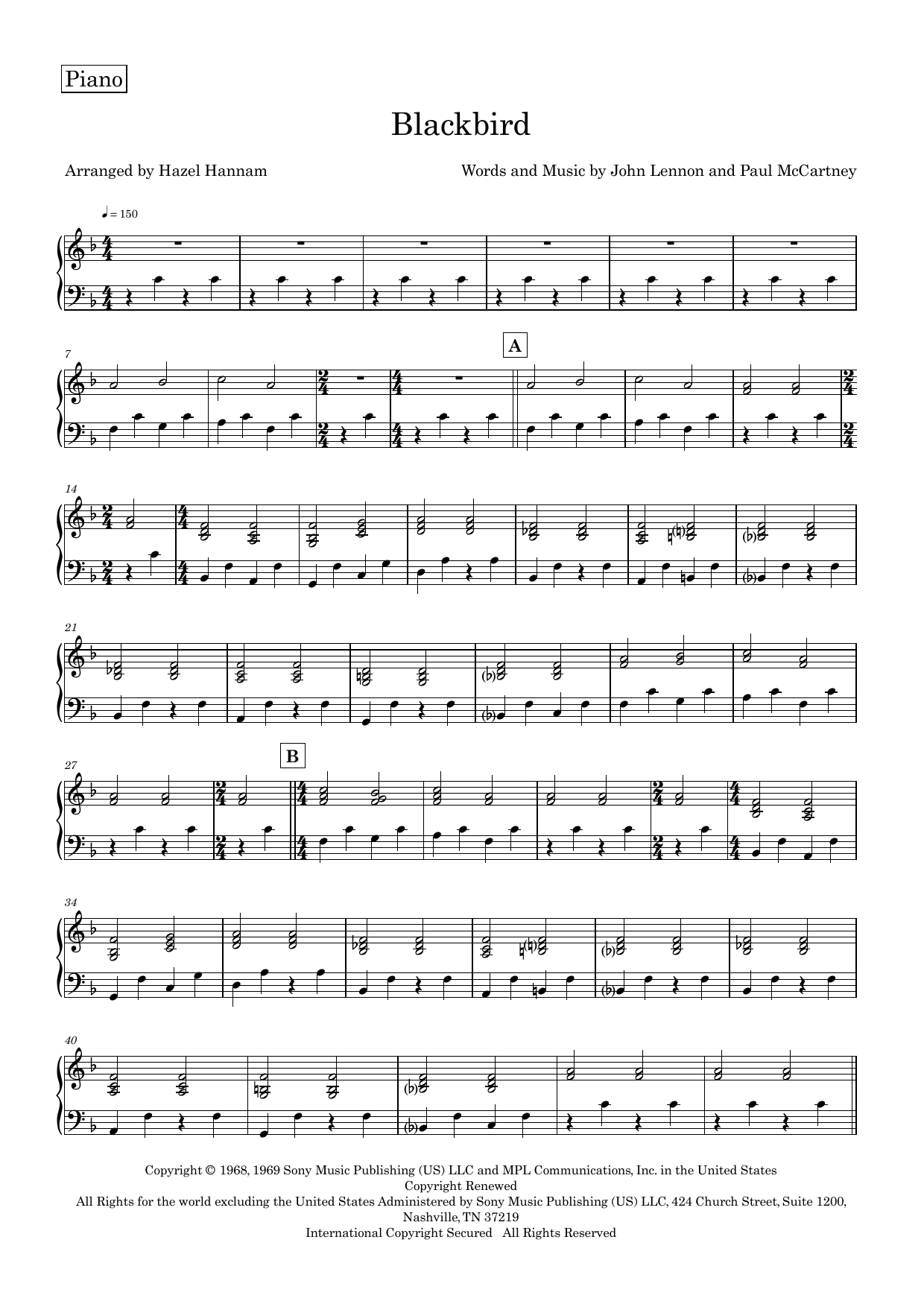 Blackbird (arr. Hazel Hannam) – Piano Blackbird (arr. Hazel Hannam) – Piano