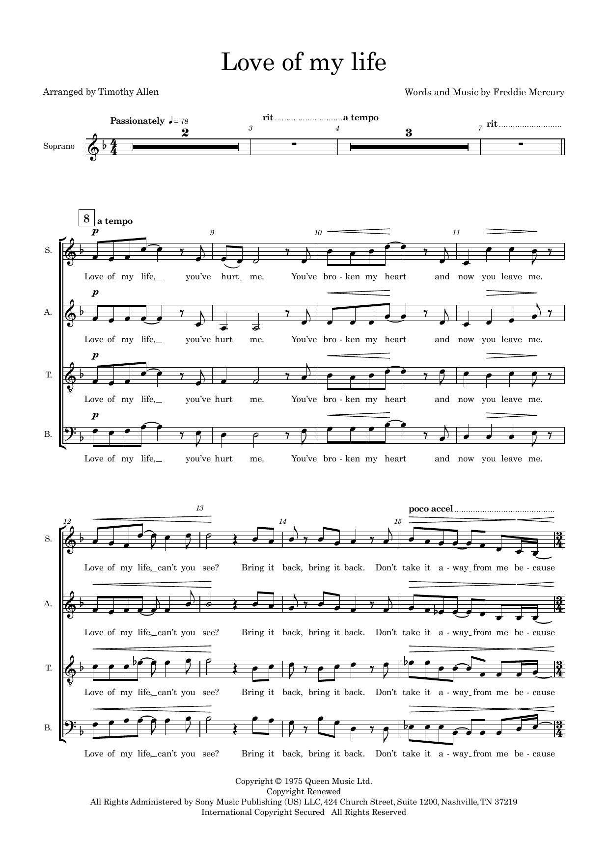 Love of My Life (arr. Tim Allen) – Choral Score Love of My Life (arr. Tim Allen) – Choral Score