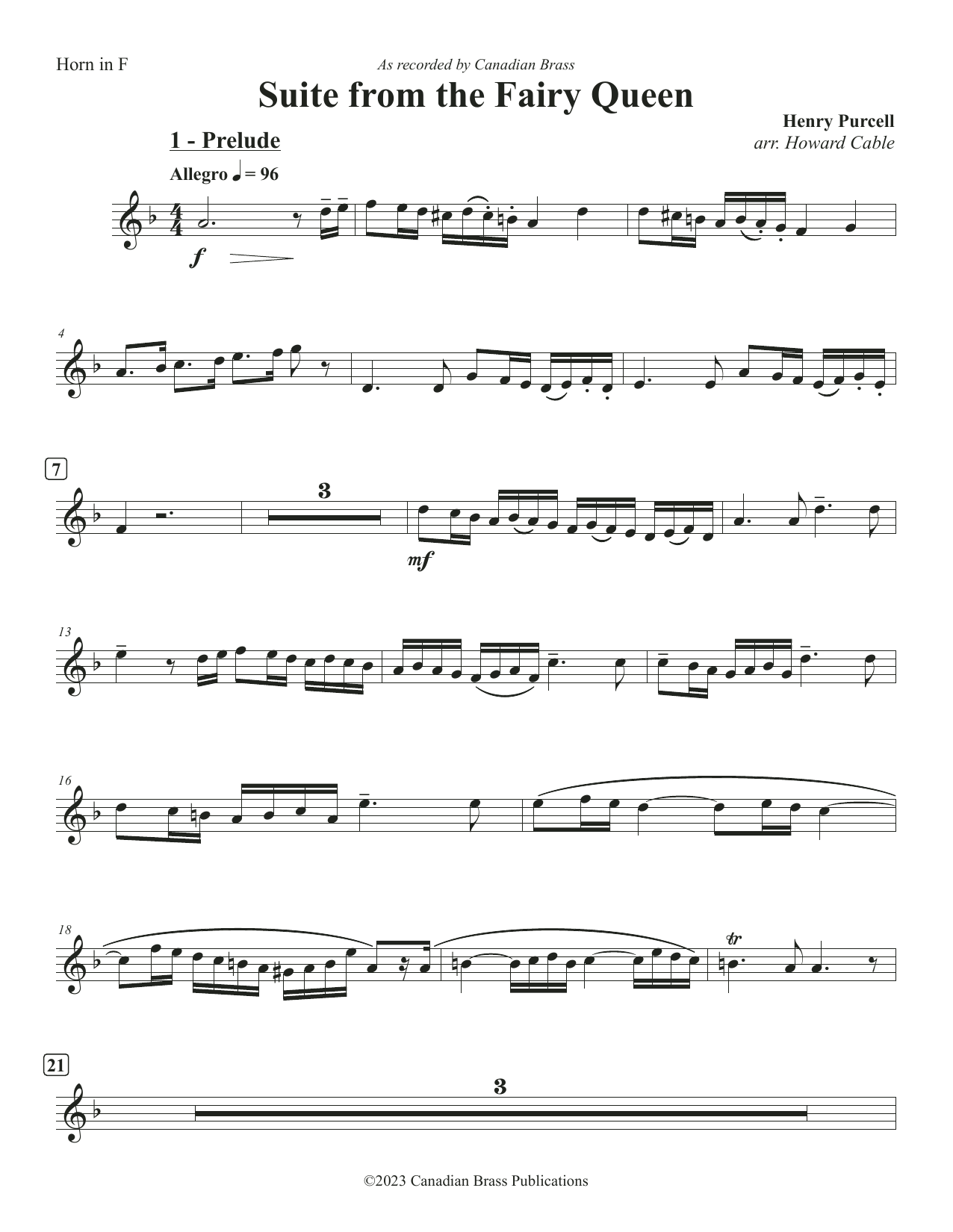 Suite from the Fairy Queen – F Horn Suite from the Fairy Queen – F Horn