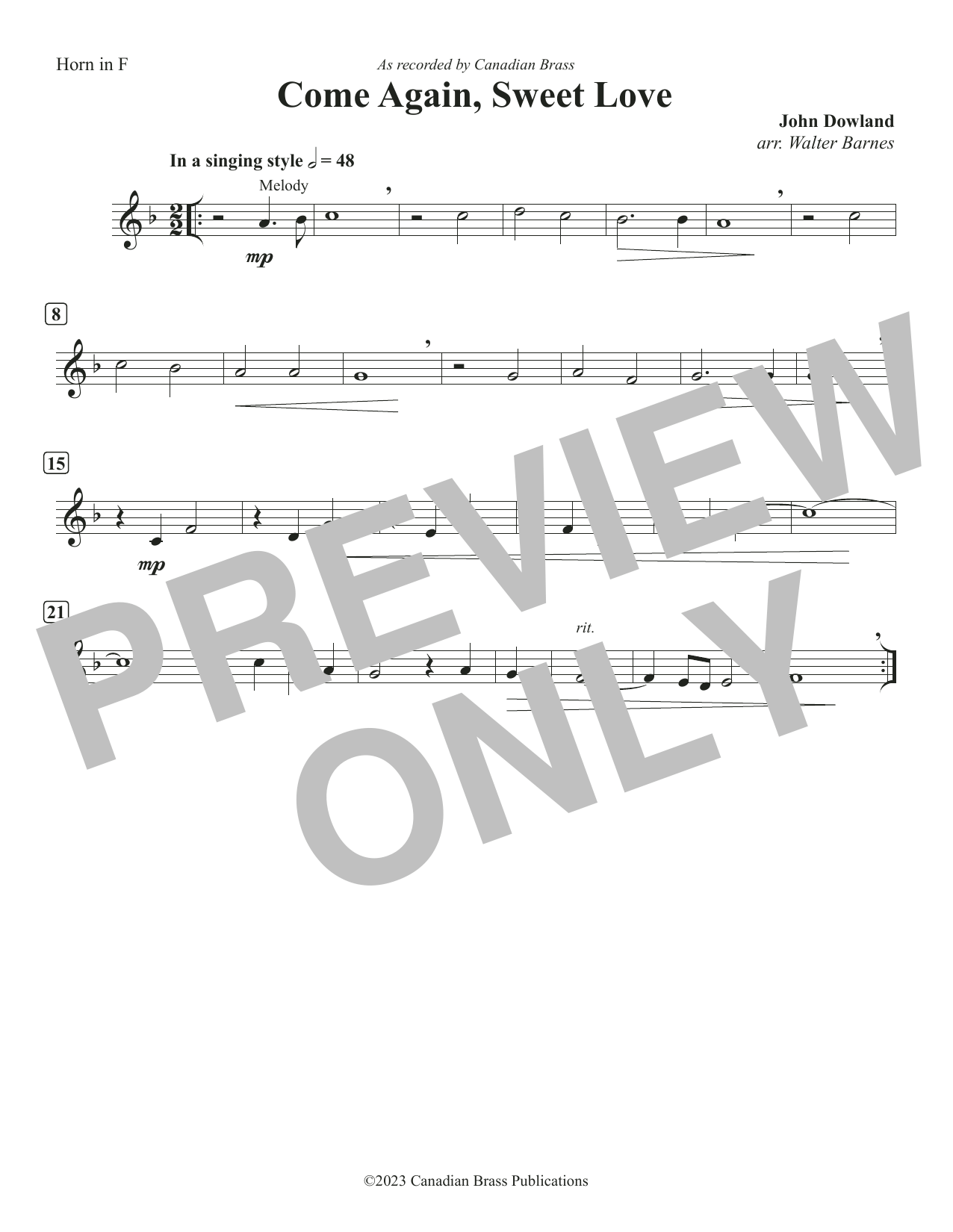 Come Again, Sweet Love – F Horn Come Again, Sweet Love – F Horn
