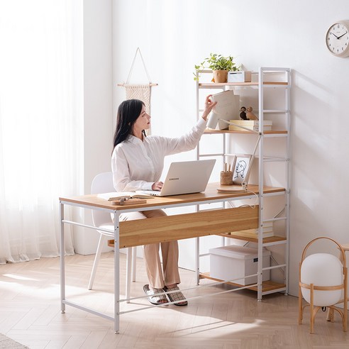 루디 H형 책상 1400L (색상선택), 화이트(프레임)+내추럴(상판)