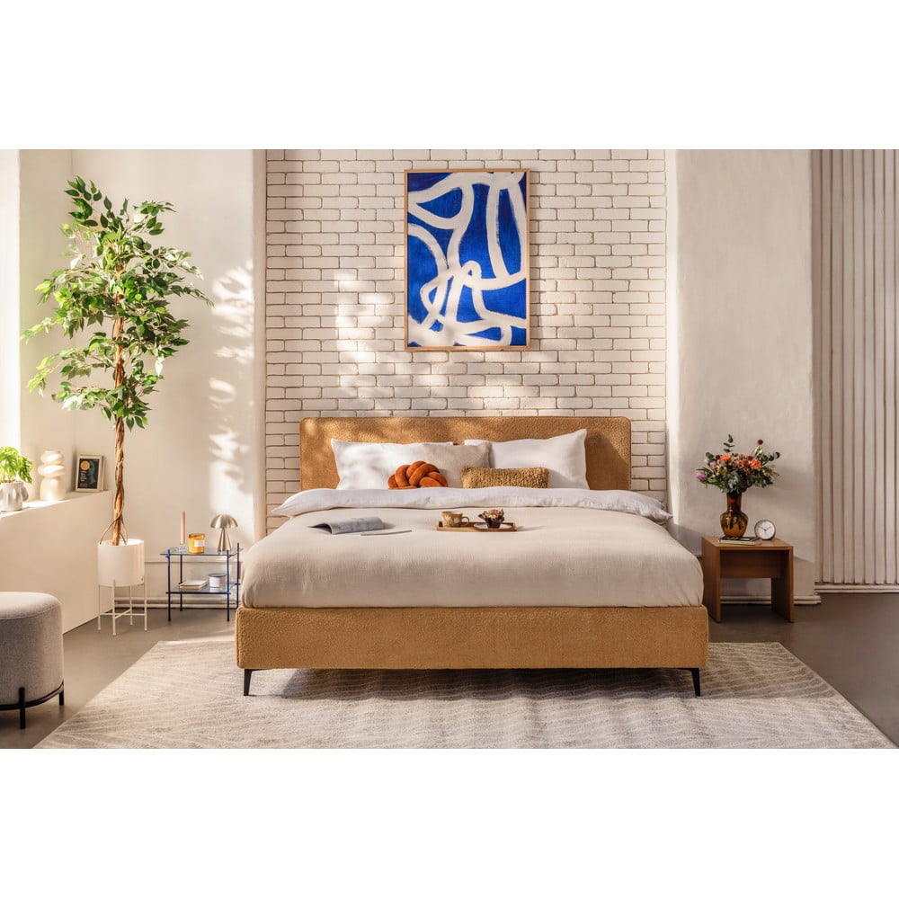 Čalouněná dvoulůžková postel s matrací/s roštem 180x200 cm v hořčicové barvě Noira Slim – Bonami Selection - Obrázek 2