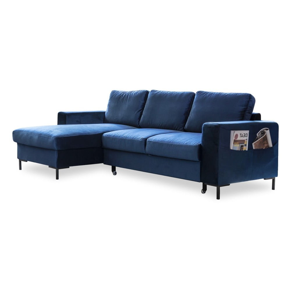 Námořnicky modrá sametová rozkládací rohová pohovka Miuform Lofty Lilly, levý roh Námořnicky modrá sametová rozkládací rohová pohovka Miuform Lofty Lilly, levý roh
