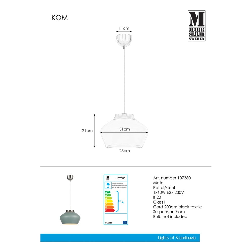 Modrošedé závěsné svítidlo Markslöjd Kom - Obrázek 2
