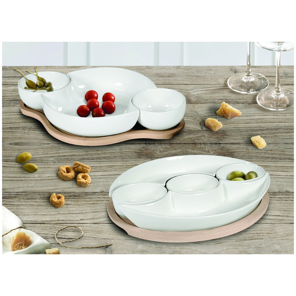 Sada 5 bílých servírovacích misek z porcelánu na bambusovém podnosu Brandani Plait - Obrázek 2