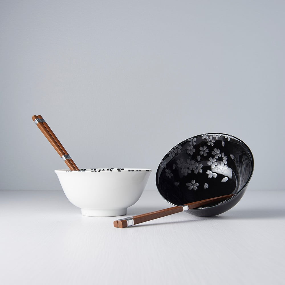 Set 2 černo-bílých keramických misek a jídelních hůlek MIJ Sakura - Obrázek 2