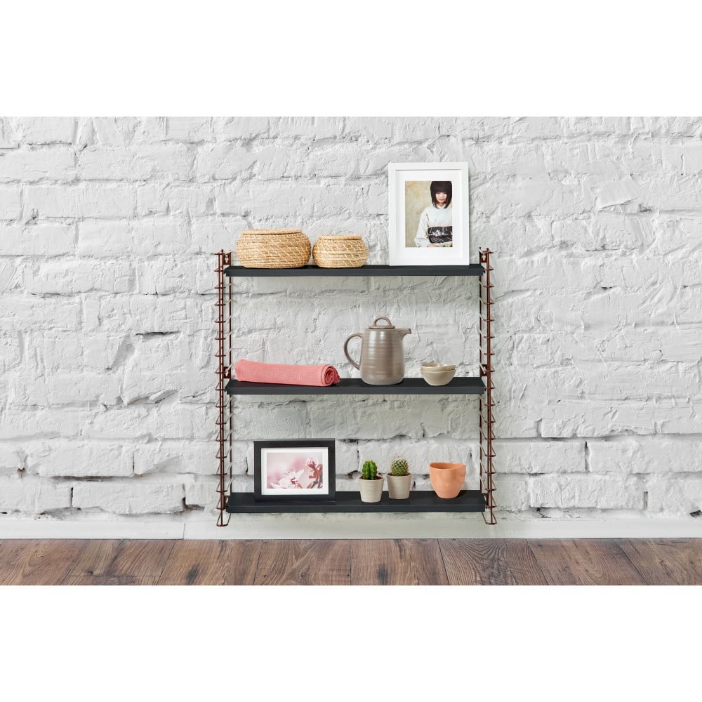 3patrový regál s detaily v barvě mědi s černými policemi Metaltex Libro, šířka 70 cm - Obrázek 2