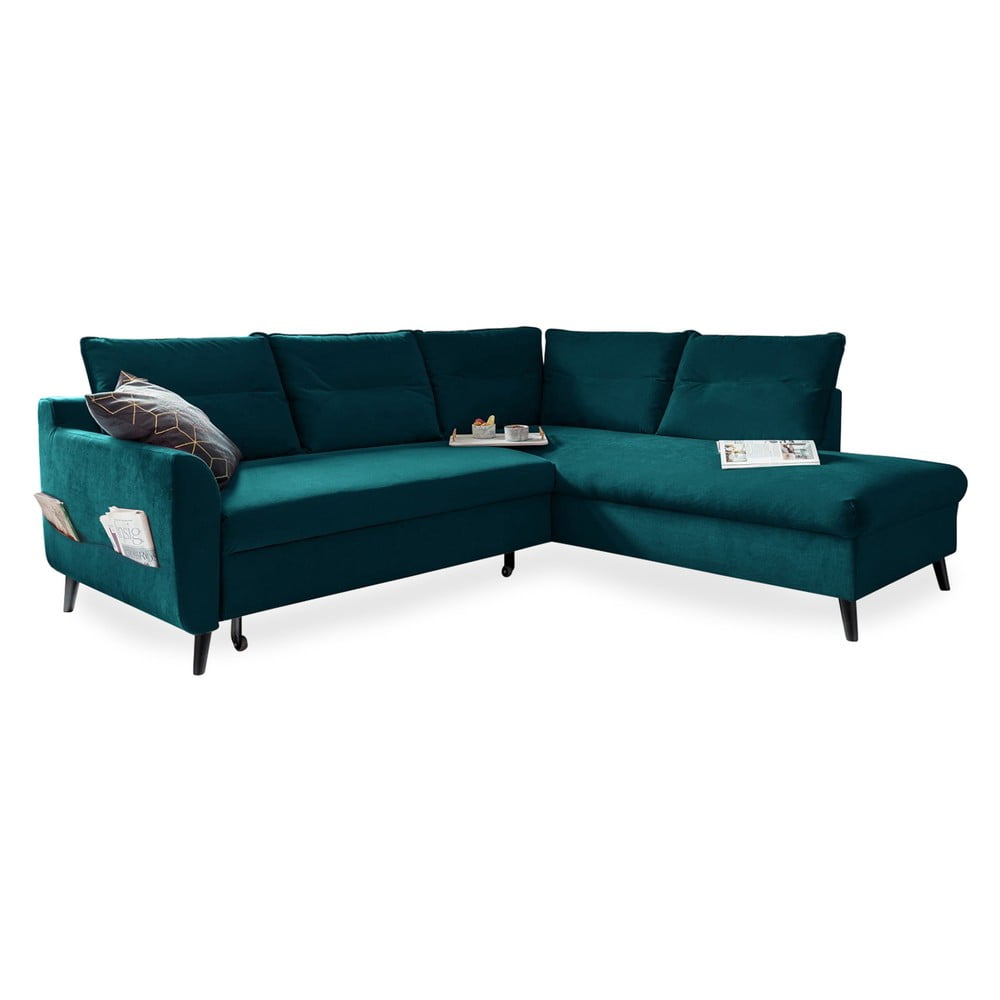 Tyrkysová sametová rozkládací rohová pohovka Miuform Stylish Stan L, pravý roh Tyrkysová sametová rozkládací rohová pohovka Miuform Stylish Stan L, pravý roh