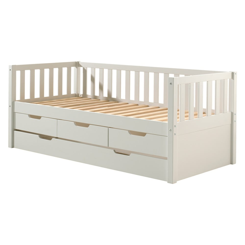 Bílá dětská postel z borovicového dřeva s výsuvným lůžkem s úložným prostorem s roštem 90×200 cm Fritz – Vipack Bílá dětská postel z borovicového dřeva s výsuvným lůžkem s úložným prostorem s roštem 90×200 cm Fritz – Vipack