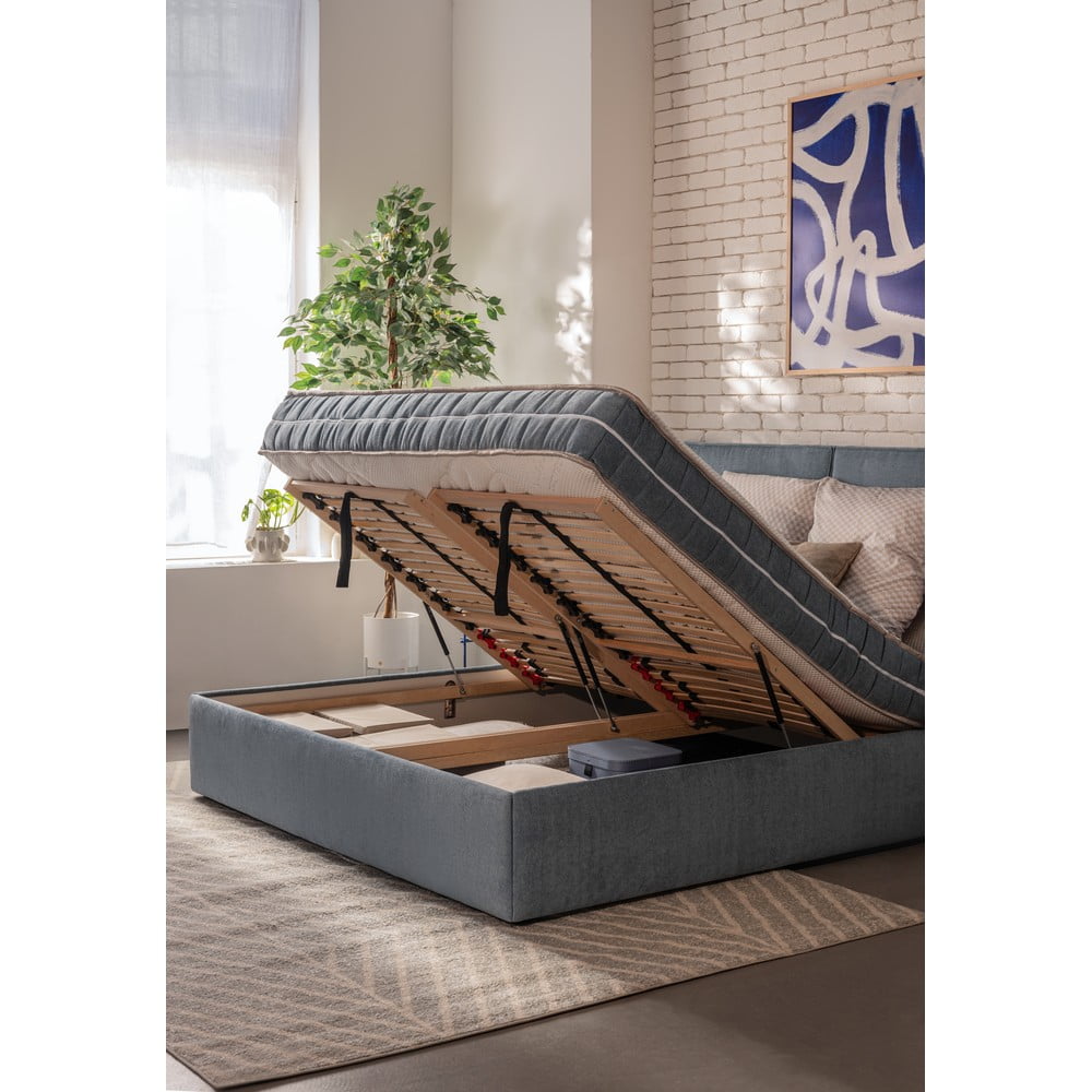 Modrá čalouněná dvoulůžková postel s úložným prostorem s roštem 160x200 cm Thessa Bold – Bonami Selection - Obrázek 2
