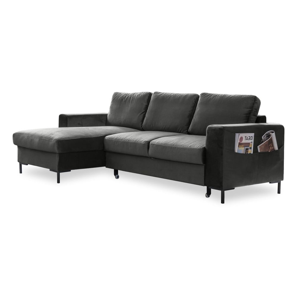 Tmavě šedá sametová rozkládací rohová pohovka Miuform Lofty Lilly, levý roh Tmavě šedá sametová rozkládací rohová pohovka Miuform Lofty Lilly, levý roh