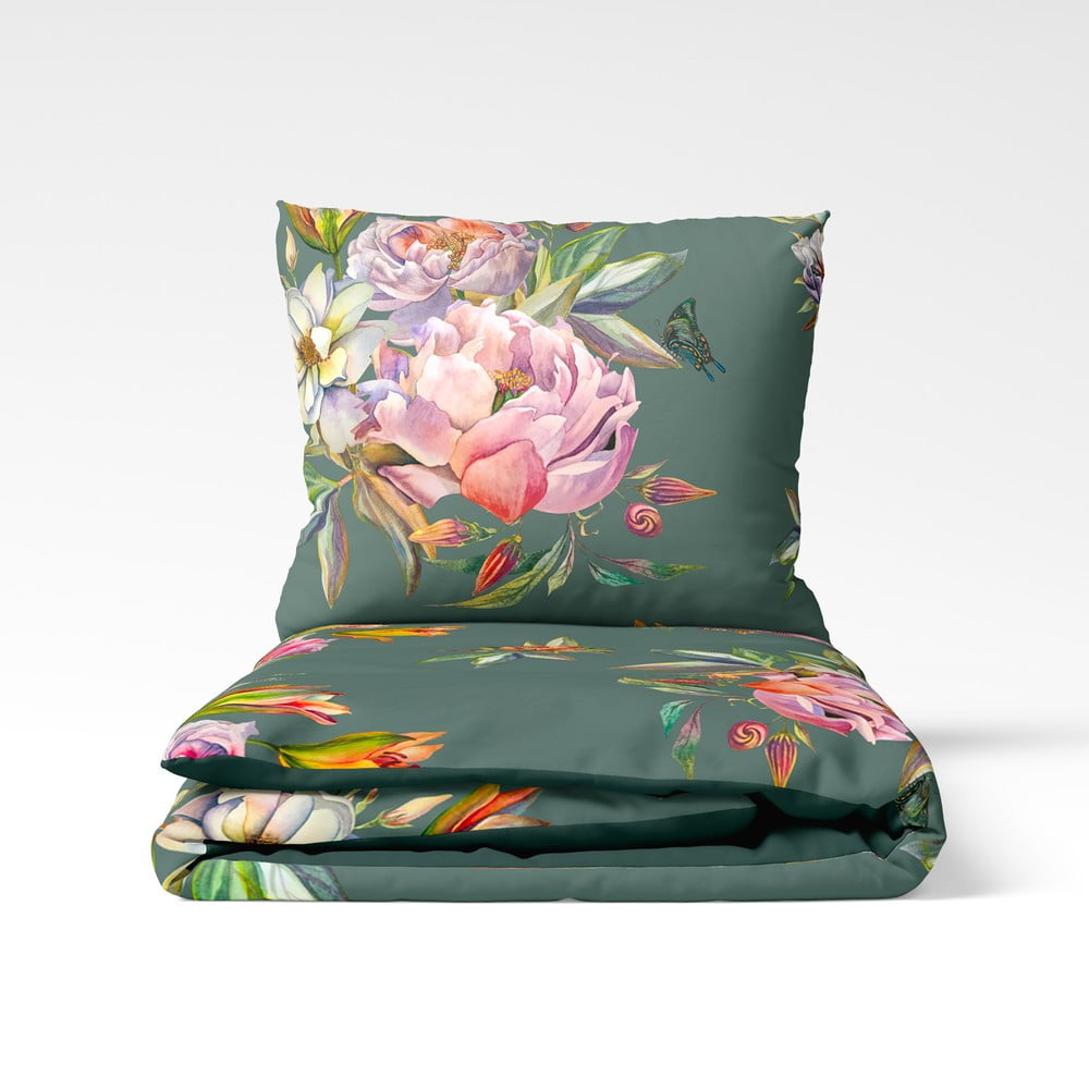 Tmavě zelené povlečení na dvoulůžko z bavlněného saténu Bonami Selection Floret, 200 x 220 cm - Obrázek 2