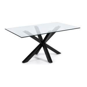 Jídelní stůl se skleněnou deskou Kave Home s černým podnožím, 160 x 90 cm