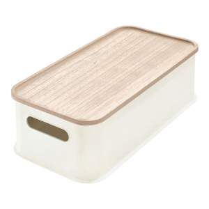 Bílý úložný box s víkem ze dřeva paulownia iDesign Eco Handled, 21,3 x 43 cm