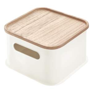 Bílý úložný box s víkem ze dřeva paulownia iDesign Eco Handled, 21,3 x 21,3 cm