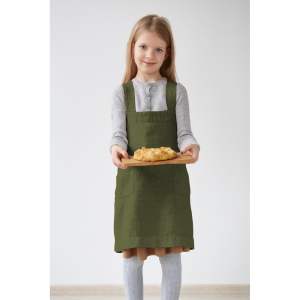 Dětská tmavě zelená lněná zástěra Linen Tales Pinafore, 60 x 34 cm