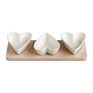 Sada 3 servírovacích misek z porcelánu na bambusovém podnosu Brandani Hearts
