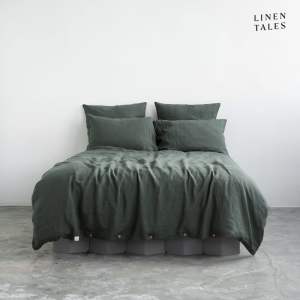 Tmavě zelené lněné prodloužené povlečení na dvoulůžko 200×220 cm – Linen Tales