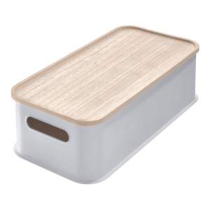 Šedý úložný box s víkem ze dřeva paulownia iDesign Eco Handled, 21,3 x 43 cm