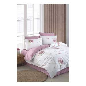 Bílo-růžové 4dílné prodloužené povlečení na dvoulůžko s prostěradlem 200×220 cm Floral – Mila Home