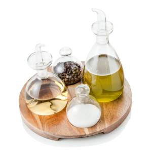Set 4 lahviček na koření a stojanu z akáciového dřeva Brandani Verre