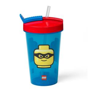 Modrý kelímek s červeným víčkem a brčkem LEGO® Iconic, 500 ml