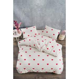 Krémové 4dílné prodloužené povlečení na dvoulůžko z bavlny Renforcé s prostěradlem 200×220 cm Mini Hearts – Mila Home