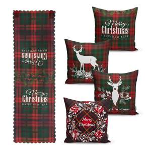 Sada 4 vánočních povlaků na polštář a běhounu na stůl Minimalist Cushion Covers Tartan Christmas
