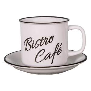 Bílý kameninový šálek s podšálkem Antic Line Bistro – Café