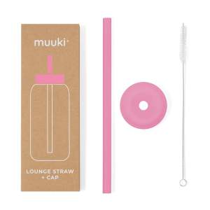 Silikonové brčko s čistícím kartáčkem/s víčkem Flamingo Pink – Muuki