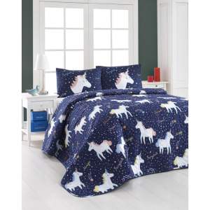 Set prošívaného přehozu a 2 povlaků na polštáře Eponj Home Magic Unicorn Dark Blue, 200 x 220 cm