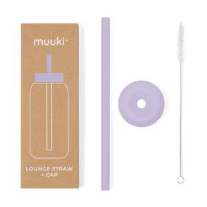Silikonové brčko s čistícím kartáčkem/s víčkem Pastel Lilac – Muuki