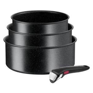 Hliníkové hrnce na indukci s nepřilnavým povrchem a odnímatelnou rukojetí v sadě 3 ks INGENIO Black stone L3998902 – Tefal