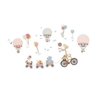 Dětská nástěnná samolepka Ambiance Animals and Hot Air Balloons in the Clouds, 90 x 60 cm