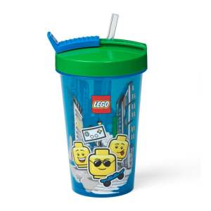 Modrý kelímek se zeleným víčkem a brčkem LEGO® Iconic, 500 ml
