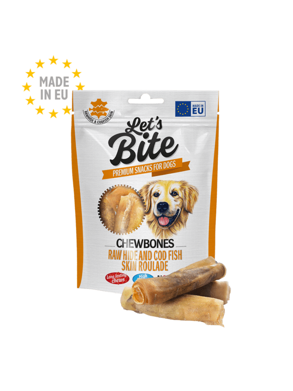 Let’s Bite Chewbones. Raw hide and cod fish skin roulade 135 g Let’s Bite Chewbones. Raw hide and cod fish skin roulade 135 g