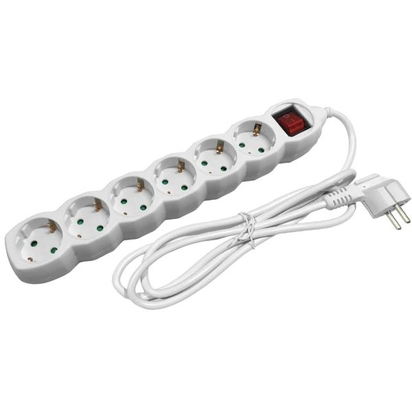 SCHUKO prodlužovací kabel – 6 zásuvek, 1,5m, bílý s vypínačem 3G1.5 SCHUKO prodlužovací kabel – 6 zásuvek, 1,5m, bílý s vypínačem 3G1.5