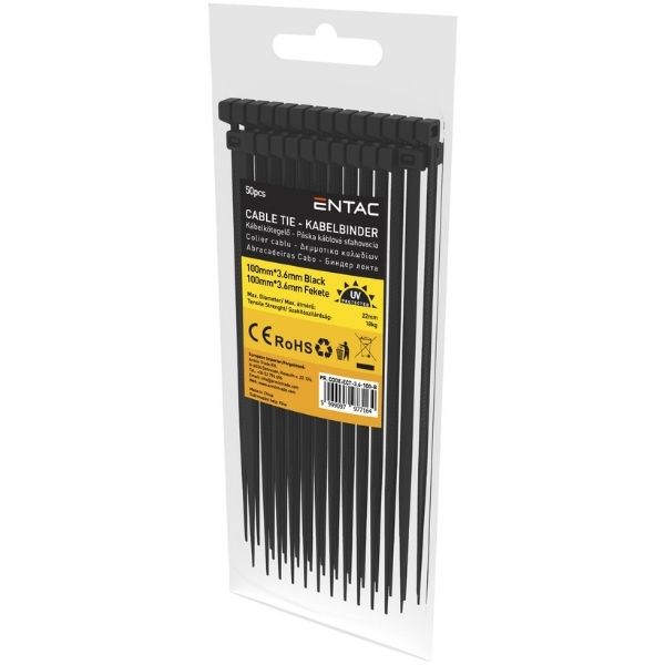 Stahovací páska 3,6mm x 100mm, nosnost 18kg, černý plast, 50ks Stahovací páska 3,6mm x 100mm, nosnost 18kg, černý plast, 50ks