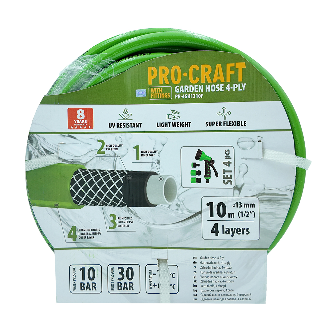 Procraft PR-4GH1310F – zelená zahradní hadice, 4 vrstvy, 1/2", 10m, s příslušenstvím Procraft PR-4GH1310F – zelená zahradní hadice, 4 vrstvy, 1/2", 10m, s příslušenstvím