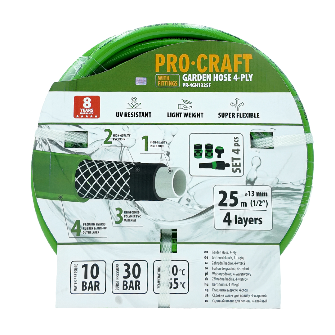Procraft PR-4GH1325F – zelená zahradní hadice, 4 vrstvy, 1/2", 25m Procraft PR-4GH1325F – zelená zahradní hadice, 4 vrstvy, 1/2", 25m